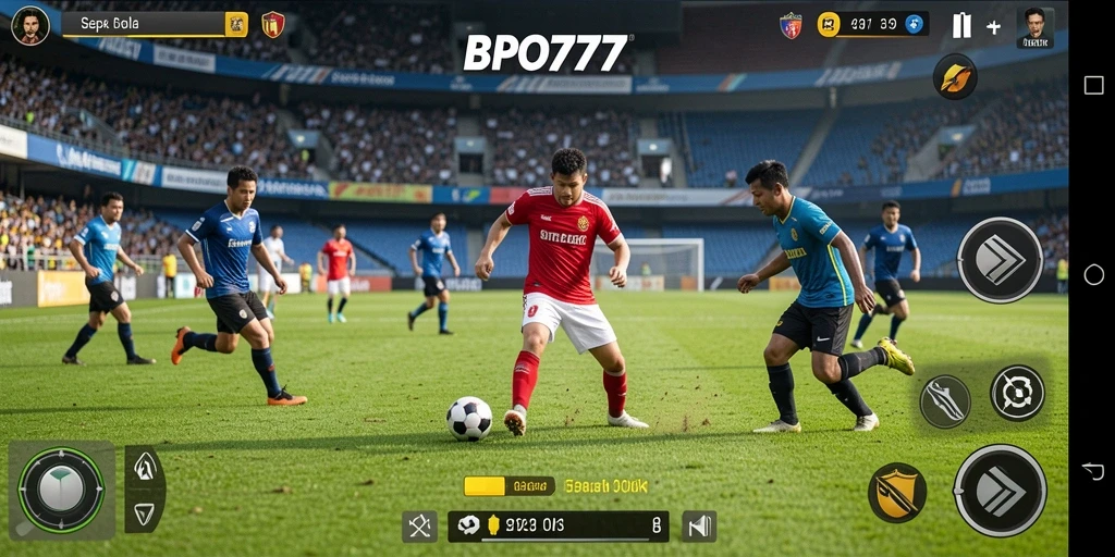 Tampilan screenshot BPO777 menunjukkan aksi seru dalam pertandingan sepak bola.