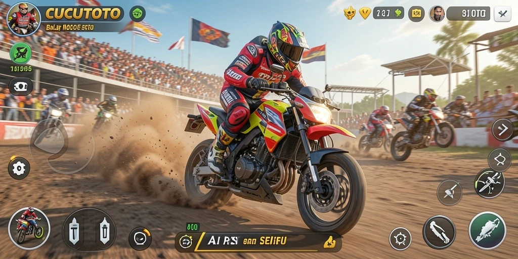 Screenshot gameplay CUCUTOTO menampilkan aksi balap motor yang mendebarkan.