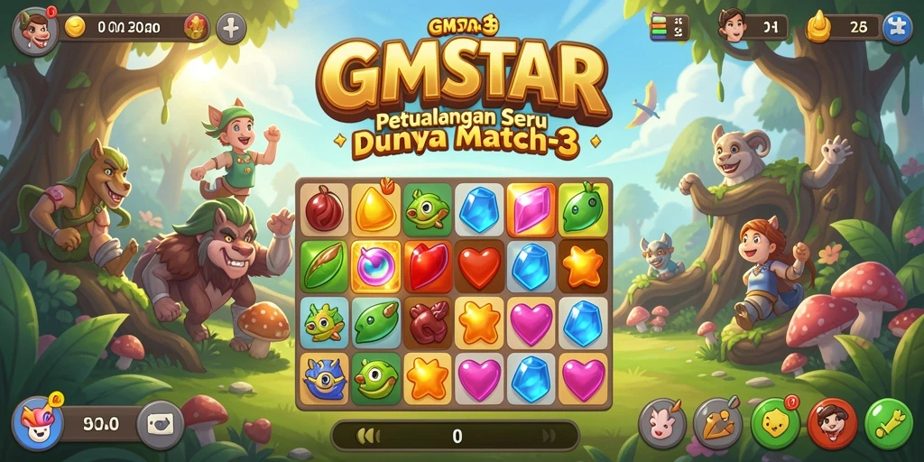 Screenshot GMSTAR menampilkan gameplay seru Match-3 yang penuh warna.