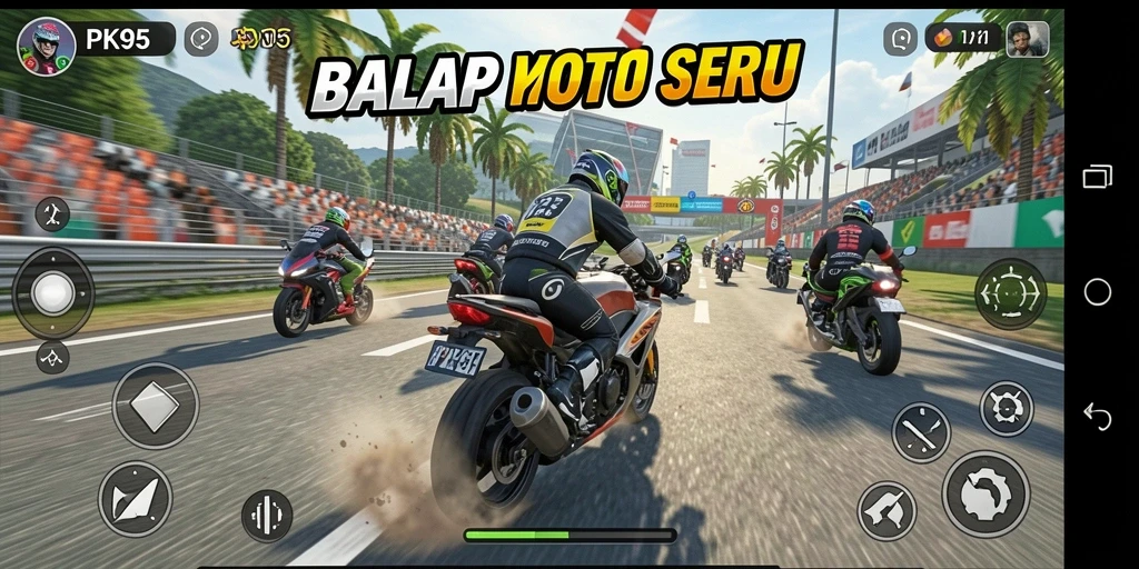 Screenshot gameplay PK95 yang menampilkan aksi balap motor yang mendebarkan.