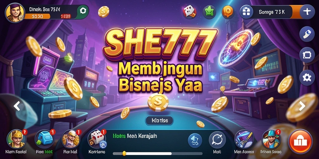 Tampilan gameplay <strong>SHE777</strong> yang menampilkan pembangunan kerajaan bisnis yang menarik.