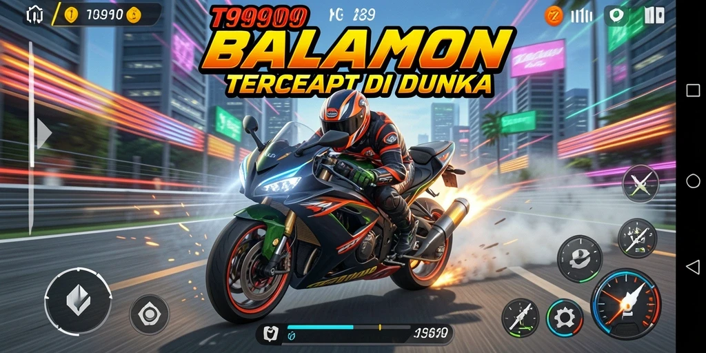 Screenshot menampilkan aksi balapan motor yang mendebarkan di T9999.